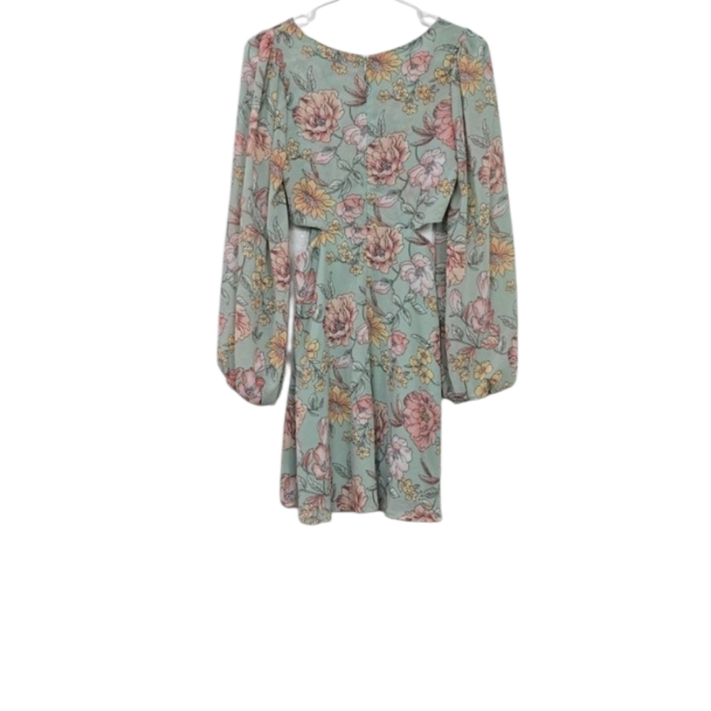 Forever 21 Dress Women's Medium Green Whimsy Floral Cut-out Long Sleeve Dress - Picture 2 of 7